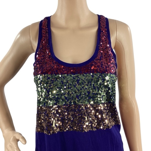 Express Sequin Stripe Racerback Tank Top Blue Sleeveless Shimmer Party Top S - Picture 2 of 7